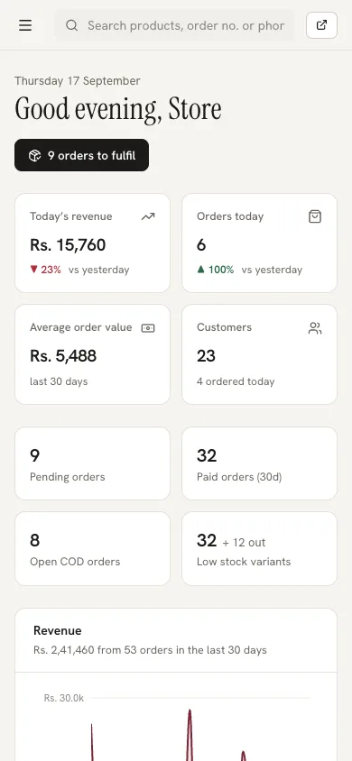 The store dashboard’s Overview screen on a phone